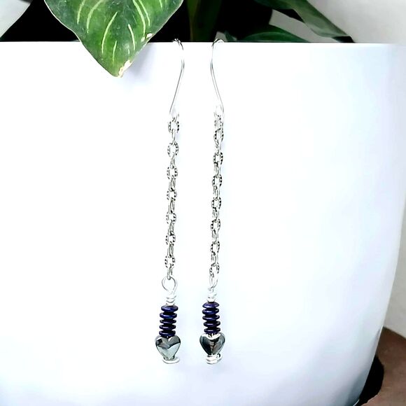 Hematite Crystal Heart Beaded Dangle Earrings, Long Earrings, 3" - Picture 1 of 4